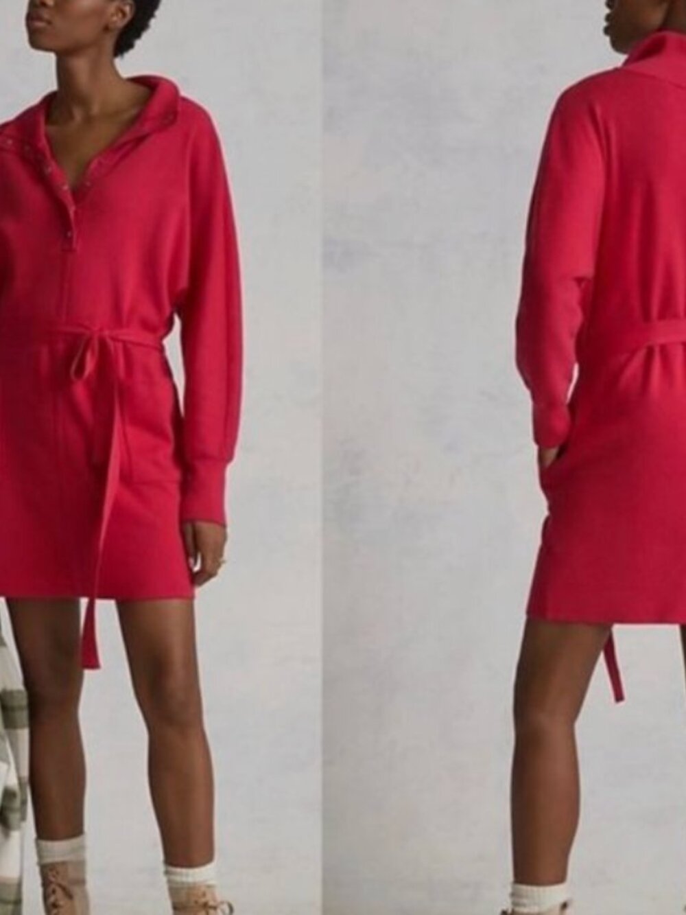 Daily Practice Anthro Polo Sweater Dress Small Pink Knit Mini Belt Sleeve Henley